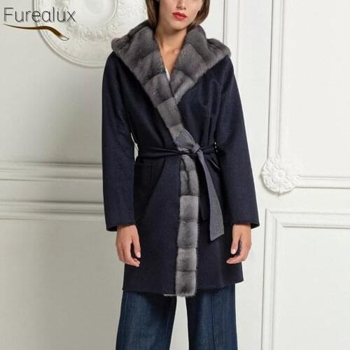 FUREALUX New Arrivals Real Woolen Coat High-end Winter Womens Fashion Warm Parka Coat With Dark Gray Extended Mink Fur Collar
