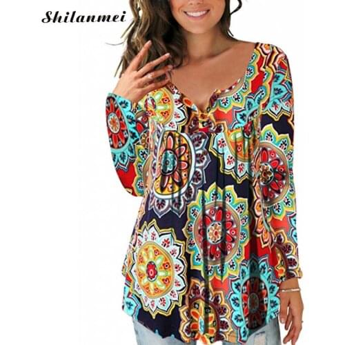 Autumn Casual Cotton Blouses Loose 2019 Printed Multi Color Vintage Long Sleeve V-Neck Blouses Tops Elegant Ladies Daily Shirts