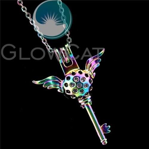 R-C30 Rainbow Colors Key Wings Beads Cage Pendant Perfume Diffuser Aromatherapy Pearl Cage Locket Necklace
