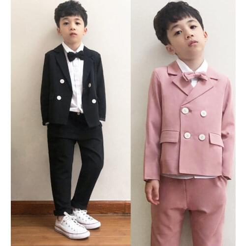 Spring Summer Children Double Breasted Suit Sets Flower Boys Wedding Party Piano Performance Costume Kids Blazer Pants Outfits
