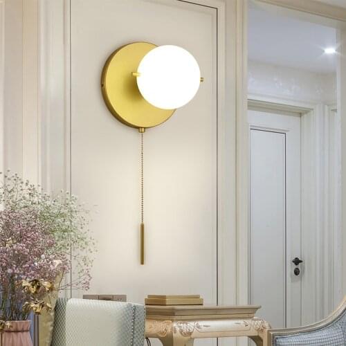 Nordic Modern Gold E27 Led Ball Wall Lamp With white Glass Lampshade for Bedroom Bedside Living Room Corridor Loft Decor 90-220v