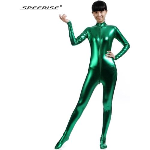 SPEERISE Women Shiny Metallic Catsuit Spandex Headless Cosplay Zentai Suits Full Body Skin Suit Turtle Neck Unitard Costume