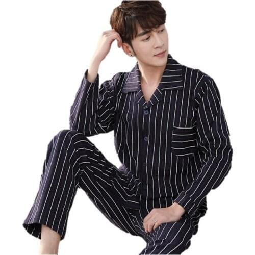 Spring 100%Cotton Men Pajamas Set Striped Pijamas Long Sleeve Turn-down Collar Men Sleepwear Plus Size 3XL Male Homewear Clothes