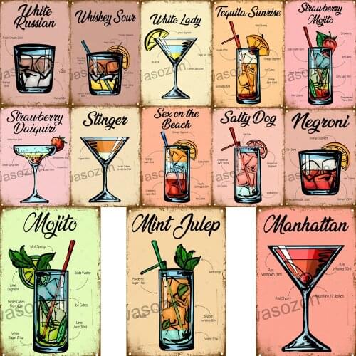 Whiskey Strawberry Mojito Salty Dog Mint Julep Tequila Sunrise Vintage Metal Tin Signs Poster Bar Pub Home Wall Decor Plaque