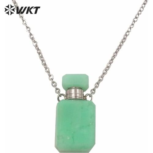 WT-N1240 WKT New design small size stainless steel chain stone bottle necklace mini square steel france perfume bottle necklace