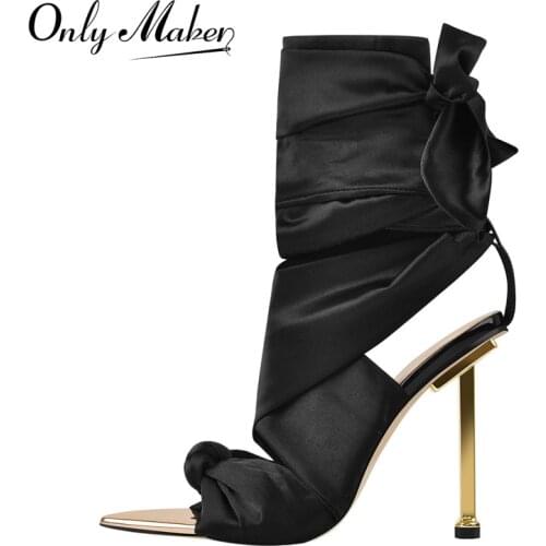 Onlymaker Summer Pointed Toe Black Satin Sandals Metal Stiletto High Heel Butterfly Ankle Strap Elegant 2021 Wedding