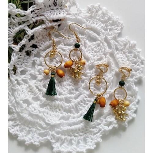 2019 Summer Funny Little Squirrel Animal Clip on Earrings for Women Fashion Metal Statement Beautiful Long Boho Earrings Green