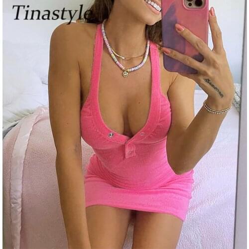 Tinastyle Pink Spaghetti Strap Sexy Bodycon Dress Women V Neck Buttons Short Party Dress Vestidos Casual Mini Party Dress Outfit