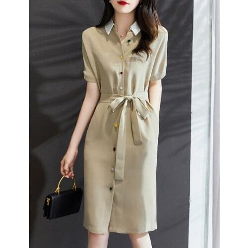 2021 Summer New Professional Temperament Womens Skirt Lapel Tie Waist Slimming Shirt Dress