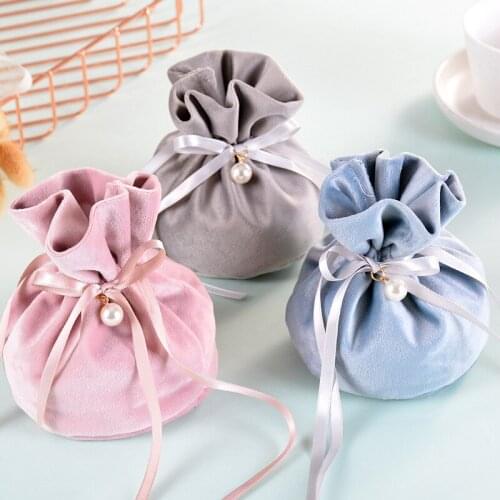 10pcs Luxury Packing Drawstring Velvet Pouch Sachet Gift Bag For Jewelry Wedding Candy Boxes With Pearl String Decor Favors Bags