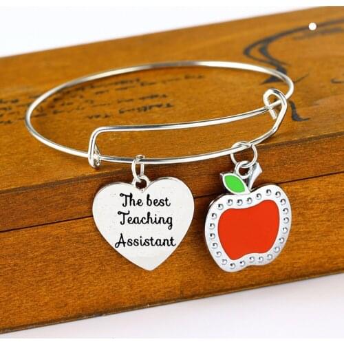 12PC/Lot The Best Teaching Assistant Charms Bangle Love Heart Apple Teacher Bracelets Jewelry Women Men Teachers Bangles Gifts