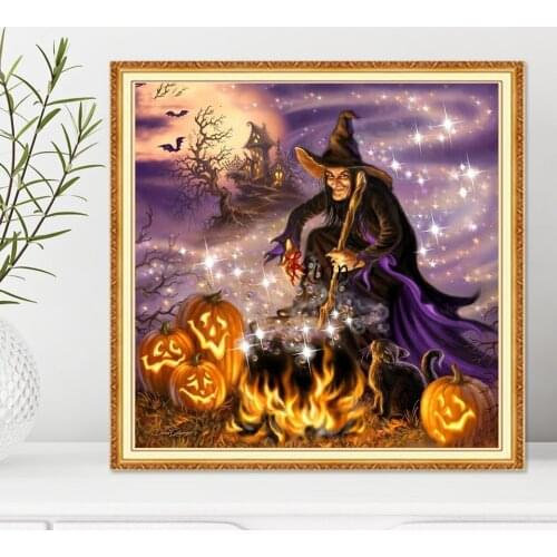 5D DIY Diamond Painting Halloween Gift Witch Pumpkin Cross Stitch Kit Full Drill Embroidery Mosaic Picture of Rhinestones Decor