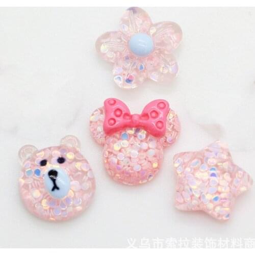 20pcs Glitter Resin Kawaii Pink Cat Rabbit Flower Bear Flatback Cabochon Scrapbook DIY Hair Bow Phone Accessories Figurine Decor