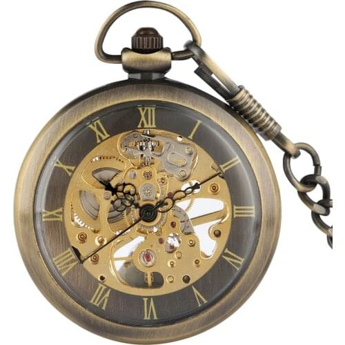 Bronze Vintage Hand Winding Mechanical Pocket Watch Transparent Skeleton Open Face Pendant Clock Pocket Chain Antique Clock Gift