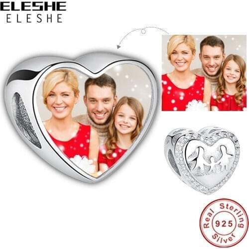 ELESHE Love is Family 925 Sterling Silver Custom Photo Heart Charms Beads Fit Original Charms Bracelets Silver Beads Jewelry