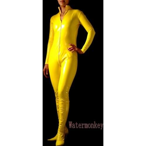 Custom Made women Sexy PVC Zentai Catsuit Fancy Dress Zentai Suit With feet (no shoes) For Halloween Party Front Zipper to Hip