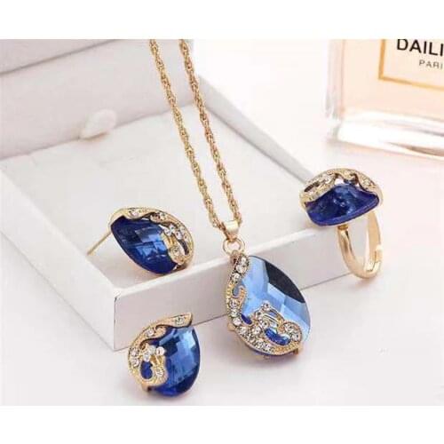 Crystal Rhinestone Gold Color Water Drop Pendant Necklace Earrings Ring Sets Bride Wedding Jewelry Sets for women Accessories