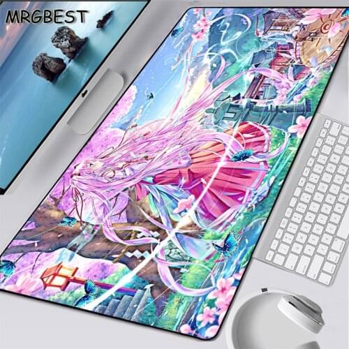 MRGBEST Anime Pink Long-haired Girl Black Lockedge Mouse Pad Desktop Heated Mousepads Support Custom Keyboard 900x400mm Desk Mat