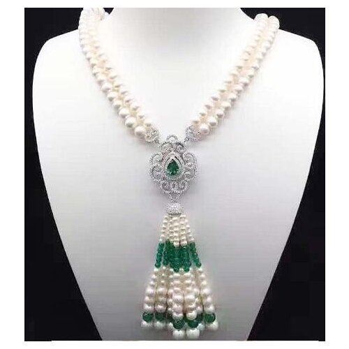Hot sell new 2row 7-8mm natural white freshwater pearl multilaye necklace zircon accessories fashion jewelry