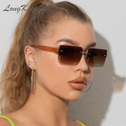 Trendy Vintage Brown Square Sunglasses Women Luxury Brand Rimless Rectangle Sun Glasses Gradient Oculos De Sol UV400