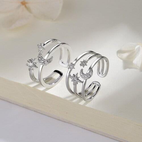Fashion Simple Korean Double Star Moon Ring Silver Plated Opening Adjustable Ring Charm Womens Ring Wedding Party Jewelry