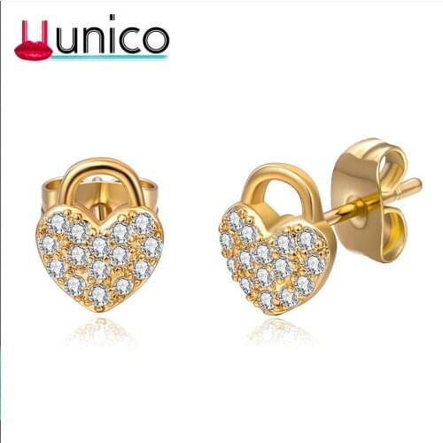 UUNICO fashion Personality high-grade heart-shaped lock full AA zircon earrings ladies hypoallergenic ear jewelry Valentine grft