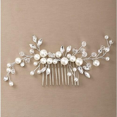 Trendy Wedding Flower Hair Accessories Silver Color Pearl Hair Comb Tiara Rhinestone Bride Headdress Bridal Hair ornaments