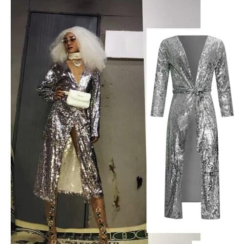 Nightclub Female Singer Sexy Personality Stage Outfit Bar Dj Disco Silver Sequined Long Coat Ds Stage Festival Outfits DN9332