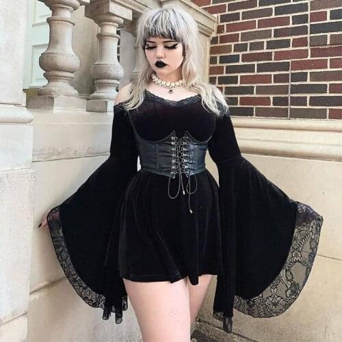 New Arrival New Fashion Hot Sale Women Black Flare Sleeve Off Shoulder Gothic Dress Women Lace Dress Velvet Ladies Dresses