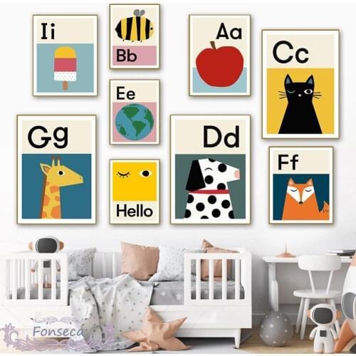 Education Abcd Alphabet Poster Letter Cartoon Animal Image Canvas Painting Nursery Wall Art Print Picture Nordic Baby Room Decor