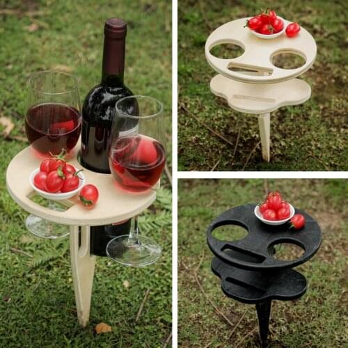Outdoor Wine Table with Foldable Round Desktop Mini Wooden Picnic Table Easy To Carry Wine Rack
