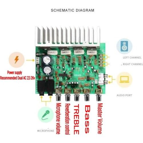 250W + 250W Audio Amplifier board HIFI Stereo Bass Microphone Amplification Digital Reverb Power amplifier Tone Control