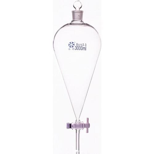 Separatory funnel pear shape,with ground-in glass stopper and stopcock.Capacity 3000ml,PTFE switch valve