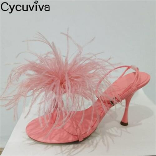 New Fur High Heel Gladiator Sandals Women White Leather Party Brand Shoes Ladies Designer Ankle Strap Feather Sandalias Mujer