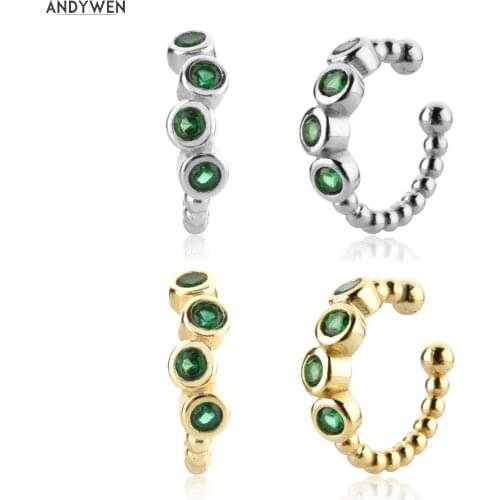 ANDYWEN 925 Sterling Silver Green Zircon Round CZ Earcuff Cuffs Earring Women Fashion Fine Jewelry Clips No Piercing Wedding Gre