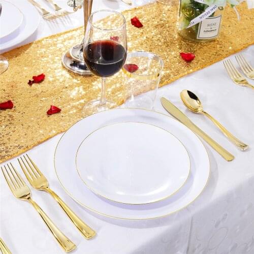 High Quality Disposable Plastic Plate White And Black Hot Stamping Gold Edge Plate Wedding Party Tableware