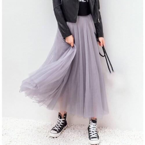 2020 Spring Summer Vintage Tulle Skirt Women Elastic High Waist Mesh Skirts Long Pleated Tutu Skirt Female mid length skirt