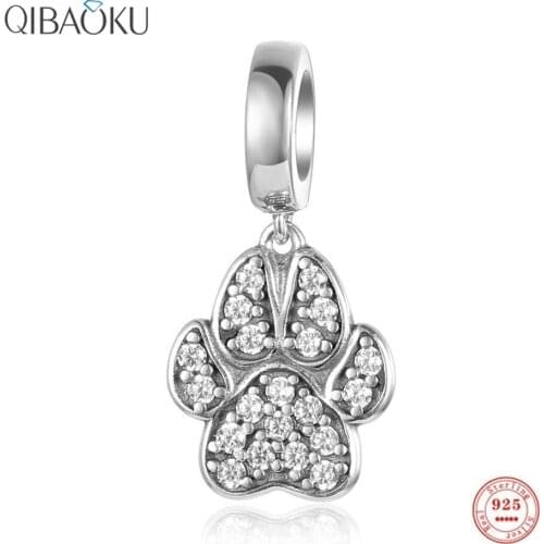 Real 925 Sterling Silver Pet Footprint Shape Zircon Beads for Women Charm Bracelet Beads for Jewelry Making Necklace Design