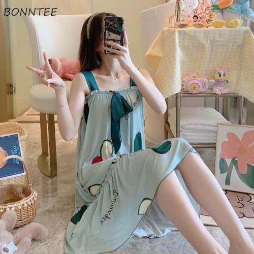 Sleepshirts Women Large Size 5XL Printed Bow Spaghetti Strap Elegant Fashion Loose Korean Style Chic High Quality Female Summer