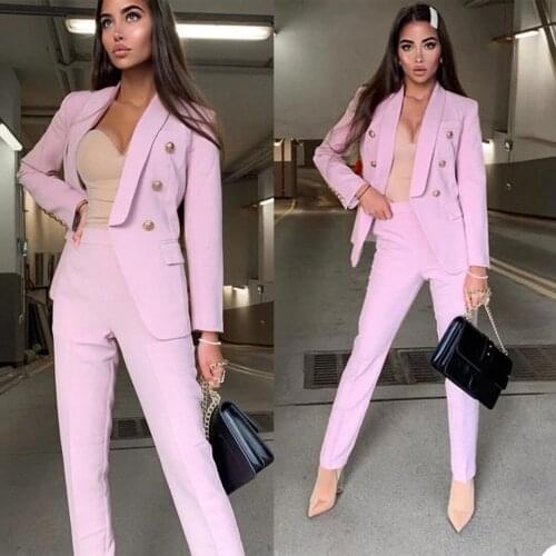 Vintage Shawl Lapel Women Blazer Suits Double Breasted Casual Jacket Pocket Streetwear Pencil Pants 2 Pieces Set