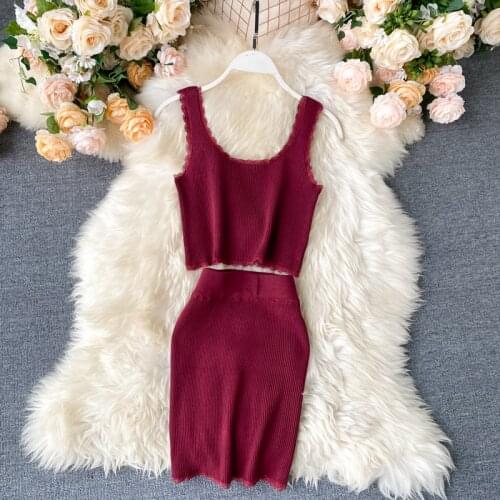 ALPHALMODA 2020 New Womens Sexy Camisole Sweater +Short Skirt Simple Solid Color Two-Piece Set Female Summer Chic 2pcs Clothes