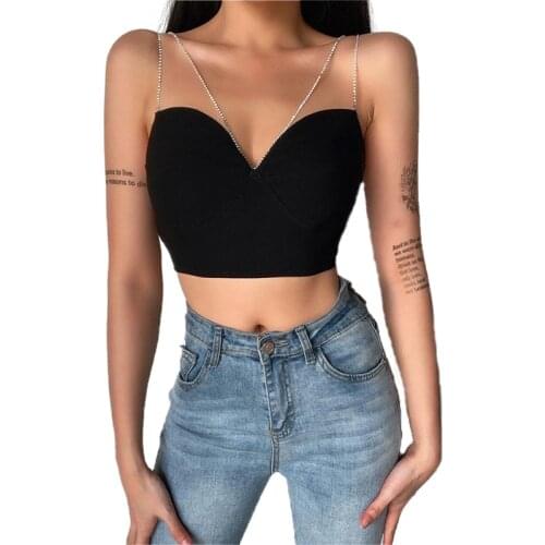 Crystal Strap Tank Vest Crop Top Women Diamond Metal Summer Sexy Silver Chain Backless Slim Clubwear Back Zipper Short Vest