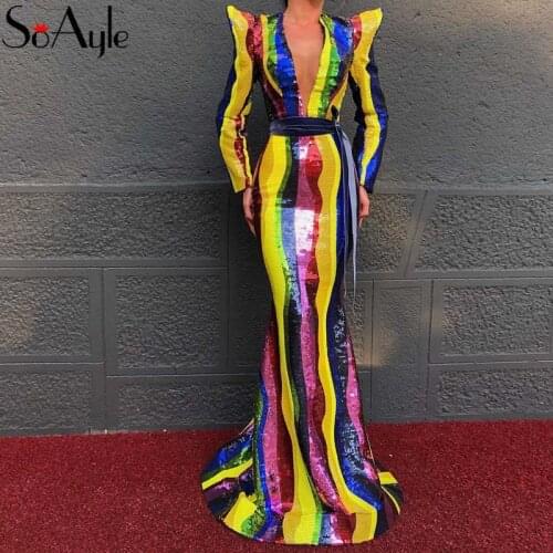 SoAyle Sparkly Multicolored Prom Dresses 2019 Unique Sleeves Deep V-neck Evening Dress Dubai Women Fashion Mermaid Prom Dress