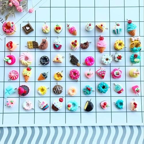 10-20mm mini kawaii mix resin food charms necklace donut Cake ice cream pendant for DIY decoration keychain charms 10pcs