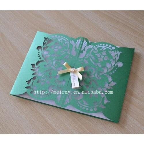 100pcs /lot new year decorations ! laser cut gatefold invitations , green invitation cards with bow