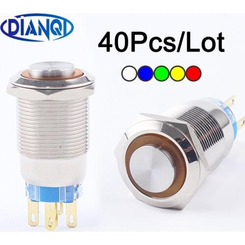 40pcs/box 19mm ring circle Push Button Switch flat illumination Lock Latching/Reset Momentary 1NO1NC Car button pin terminal