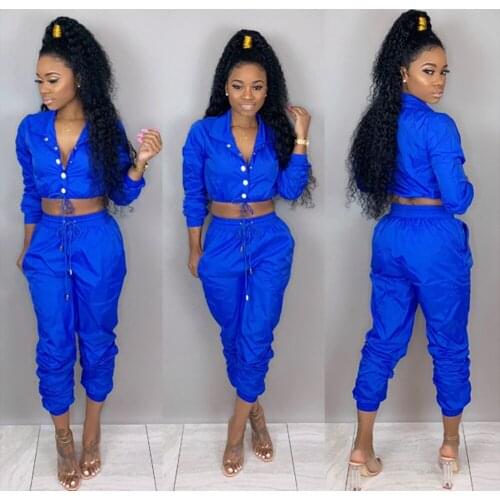 AHVIT Fashion Casual Long Sleeve Solid Color Two Piece Set Single Breasted Short Top And Loose Long Pants LS6235