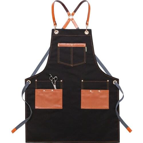 Black Patchwork Pocket Canvas Hairdresser Apron Cafe House Cleaning Baking Coffee Pinafore Women Apron For Kitchen Accessories