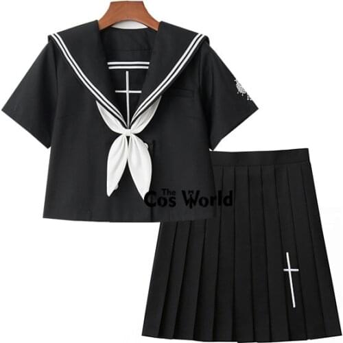 [Cross Rose] Black White Summer Navy Sailor Suit Tops Skirts JK High School Uniform Class Uniform Students Cloth