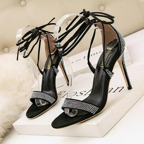 DDYZHY Silver Bling Crystal Sexy Women Sandals Square Heel Sandals Buckled Gladiator Belt Women Sandals High Heels Wedding
